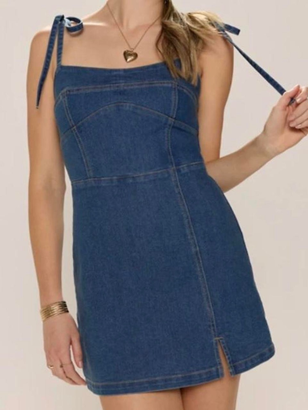 Denim Tie-Shoulder Mini Dress - Blue